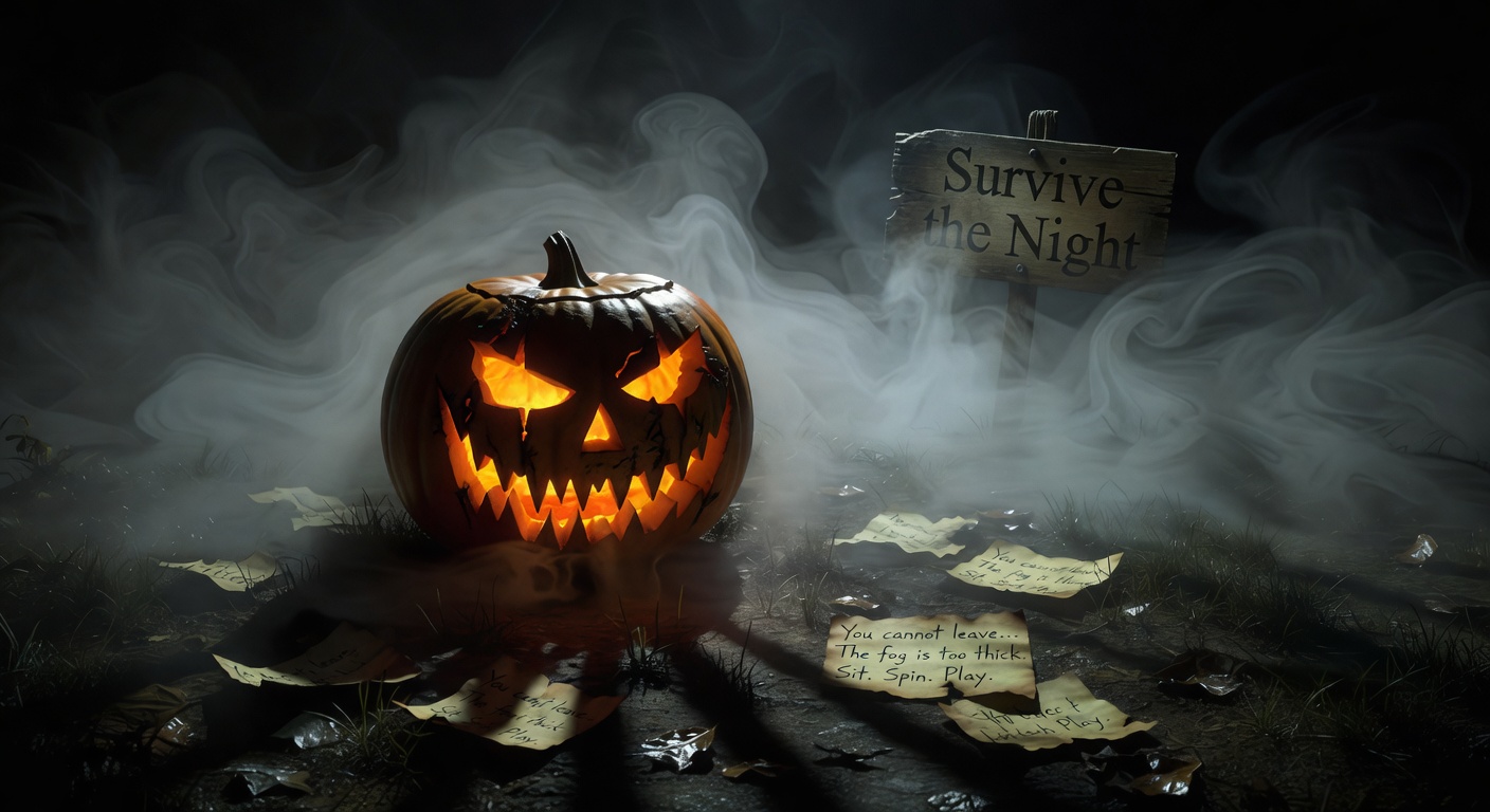 A cursed, glowing jack-o-lantern grinning menacingly in the dark