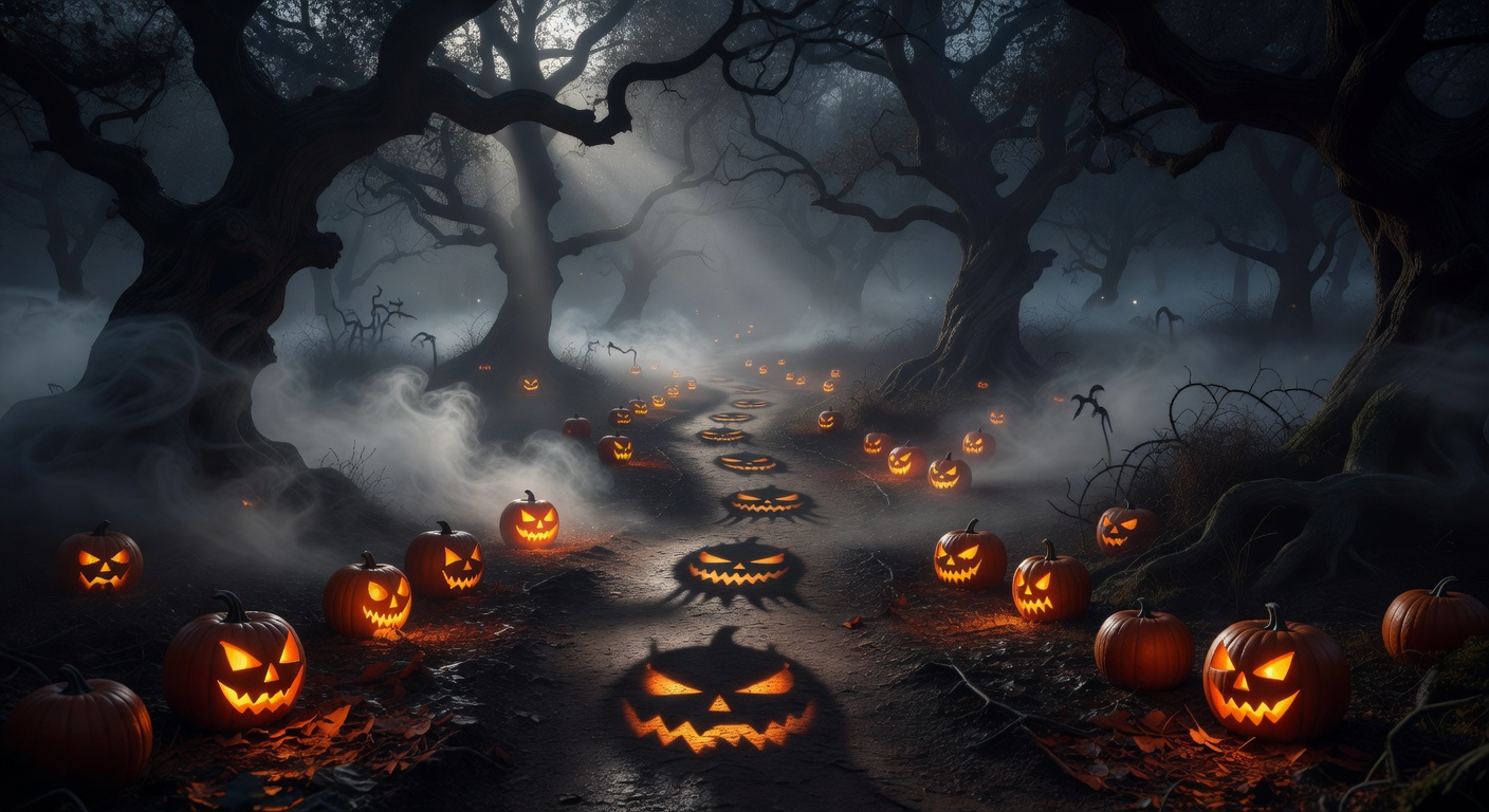 A foggy Halloween forest path with glowing lanterns and shadows