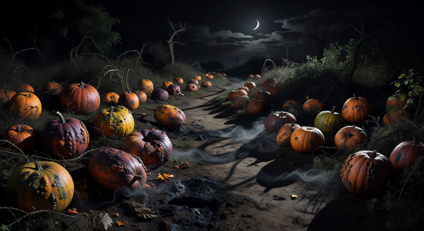 A patch of wild pumpkins under a dark night sky