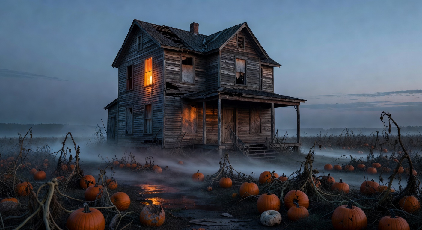An eerie abandoned house with a single glowing window