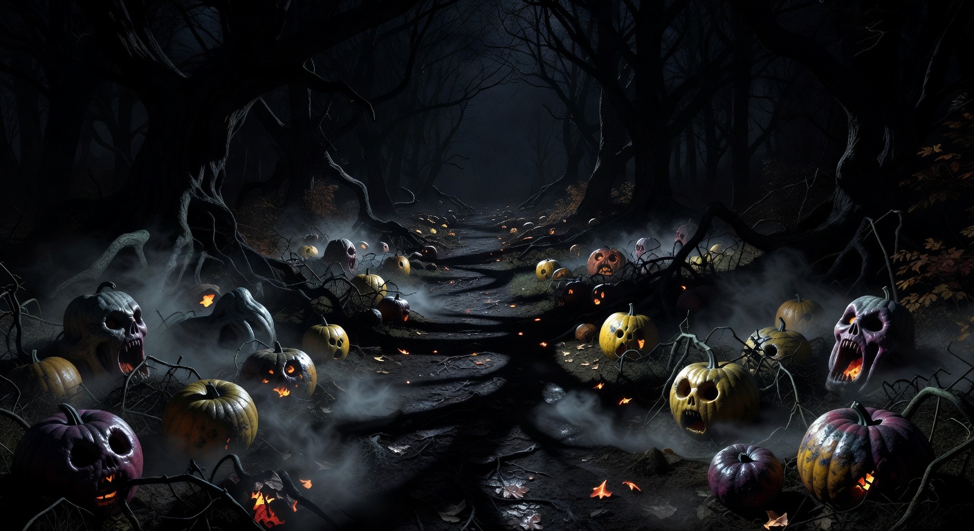 Dark creepy pumpkin patch at midnight