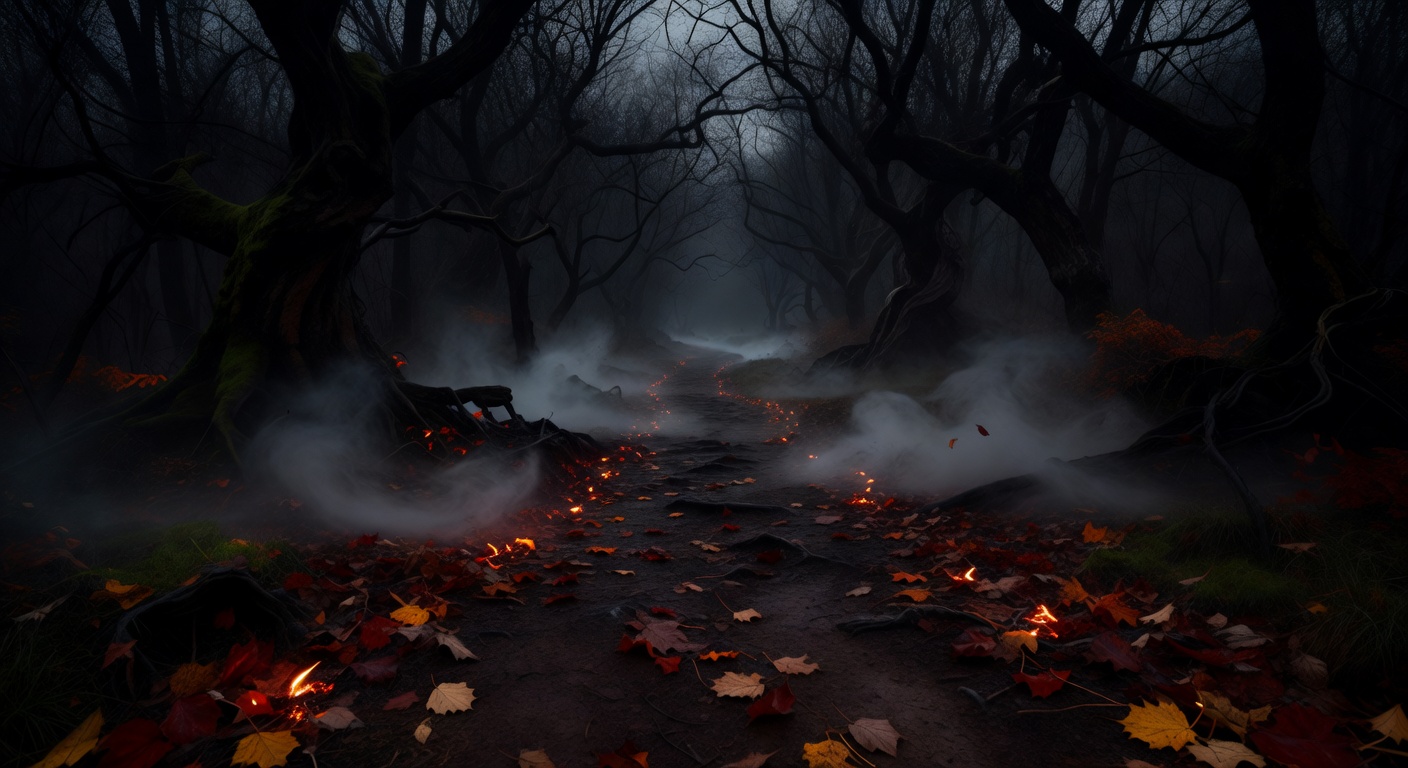 Dark, mist-covered haunted path leading into the woods