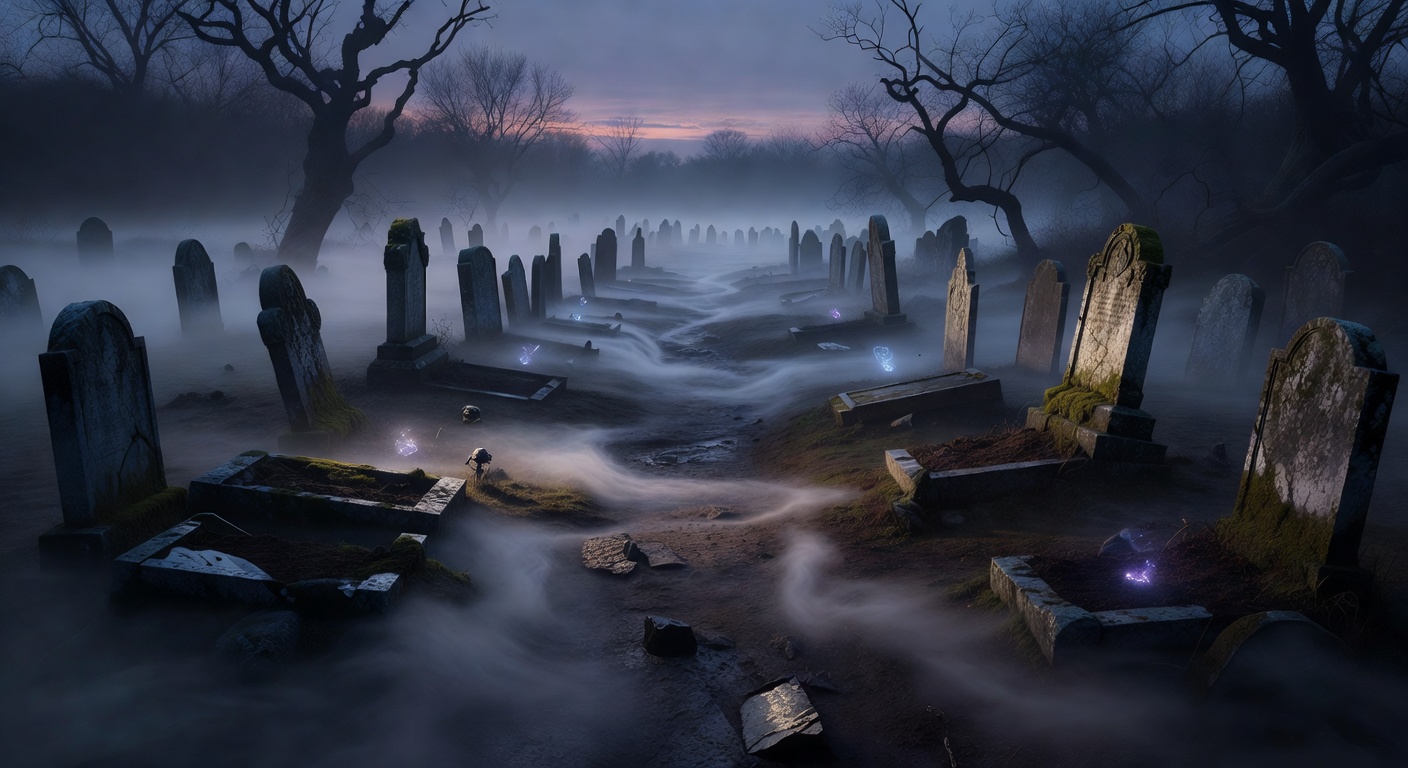 Foggy graveyard path at dusk